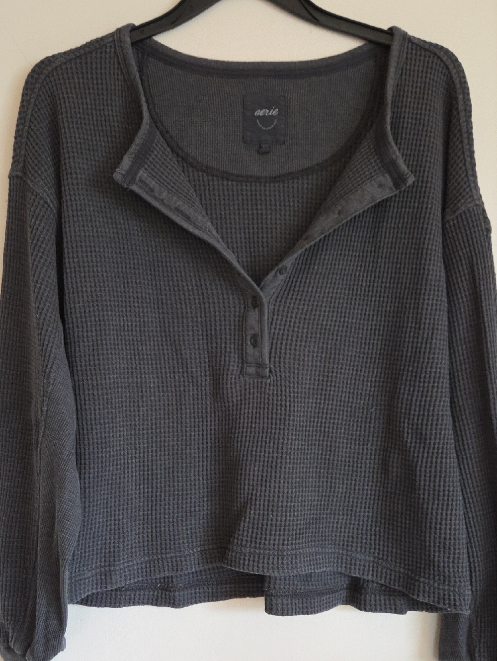 aerie Charcoal Waffle-Knit Henley Long Sleeve Top - Charcoal